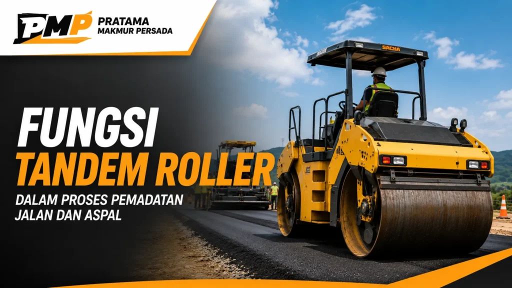 Fungsi tandem roller dalam proses pemadatan jalan dan aspal untuk menghasilkan permukaan yang padat, rata, dan sesuai standar konstruksi.