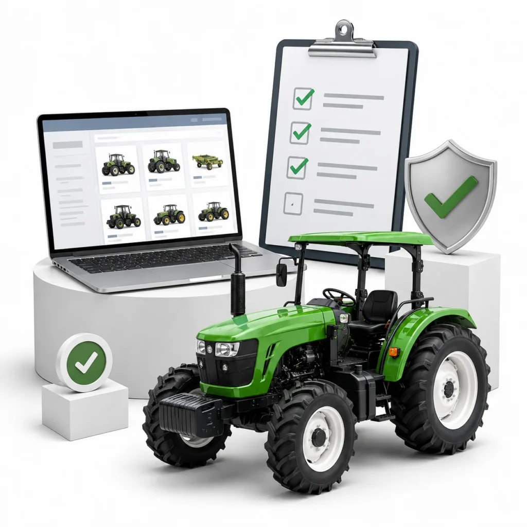 Traktor pertanian modern dengan ilustrasi e-katalog dan verifikasi produk untuk pengadaan traktor e-katalog pemerintah